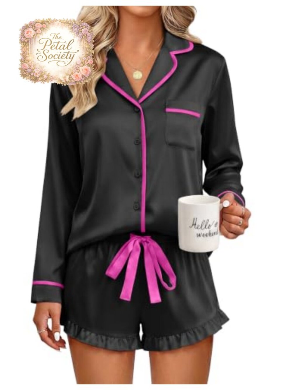 Ekouaer Women's Satin Pajama Set 2-Piece Long Sleeve & Ruffle Shorts Loungewear